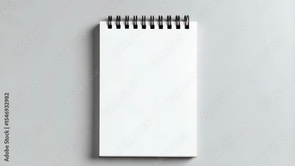 Blank white spiral bound notepad with clean pages sits centered on a plain gray background for design mockups