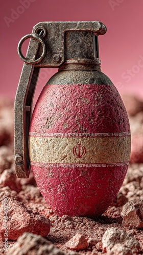 Realistic artwork of a bomb in the colors of the Iranian flag set against a minimalist background stark powerful and thought provoking.