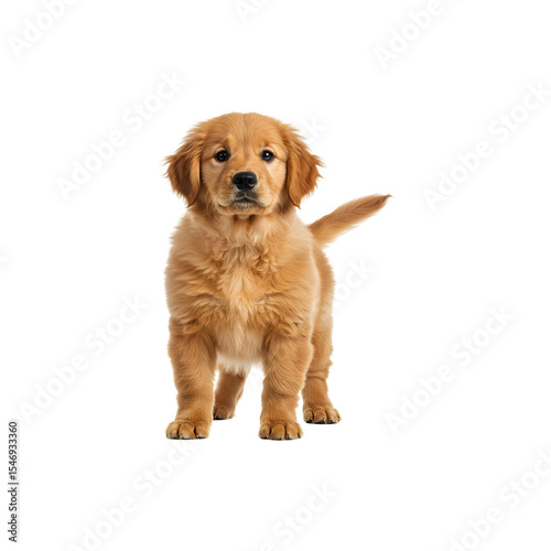 Golden retriever puppy standing playfully, isolated on bright white background