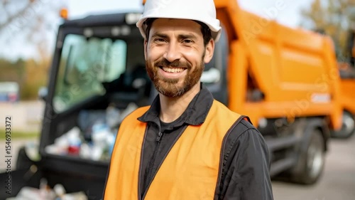 Smiling sanitation worker wearing hard hat and reflective vest in front of garbage truck. Professional waste management employee portrait.