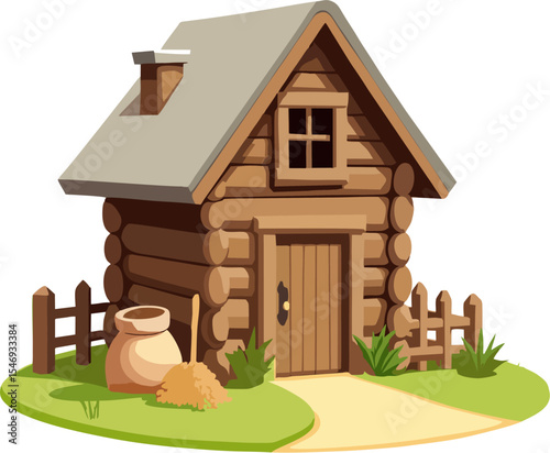 Traditional Wooden Farmhouse with Rustic Decor and Green Yard Illustration