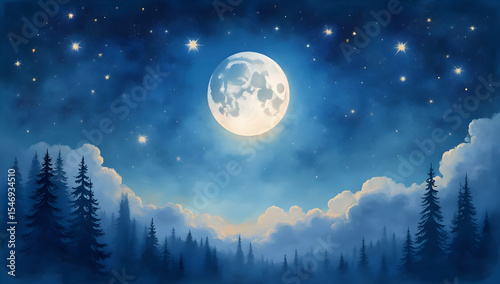 Bright full moon glowing above pine trees in a magical night landscape.