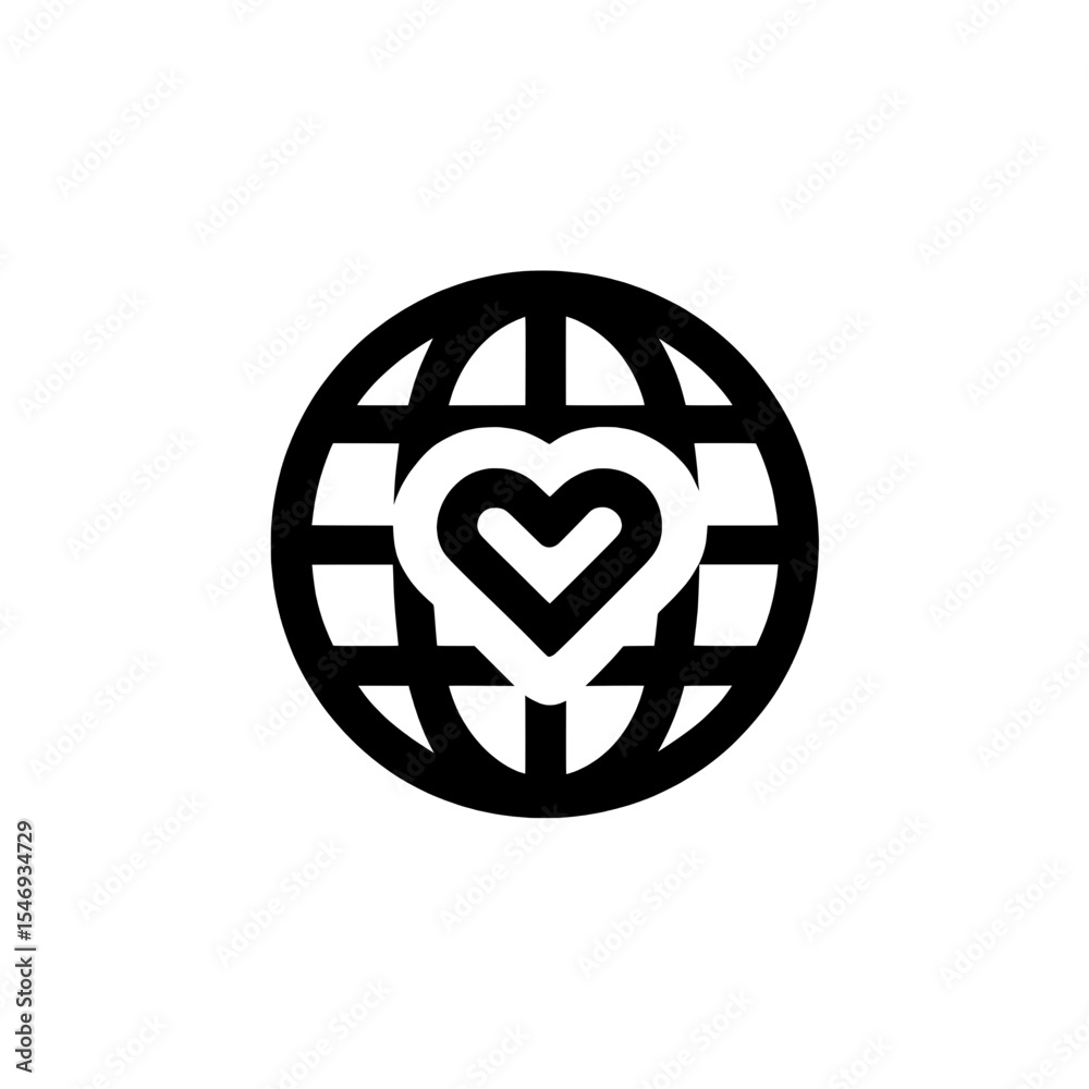Black icon of a globe with a heart at the center Black icon of a globe with a heart at the center