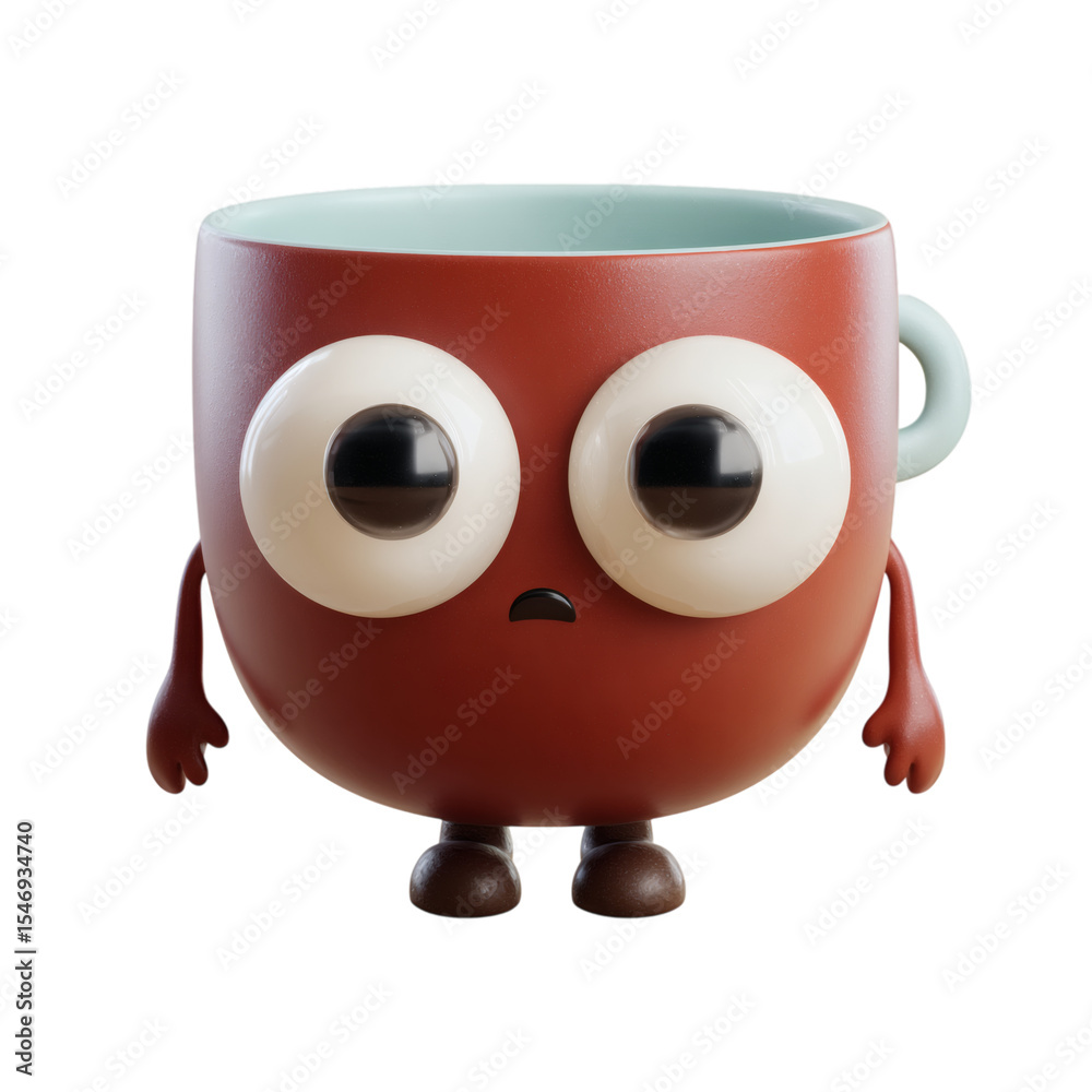 Obraz premium Cute cartoon coffee mug with arms and sleepy eyes, isolated on transparent background .