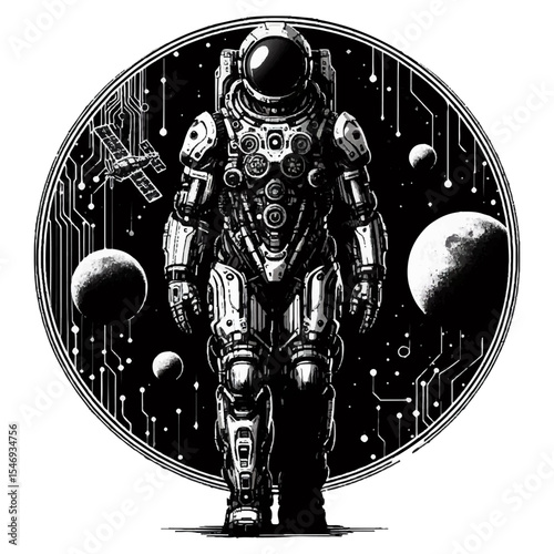 A black and white silhouette of an astronaut behind which there is a porthole in which open space is visible on a white isolated background. Vector graphics. EPS.