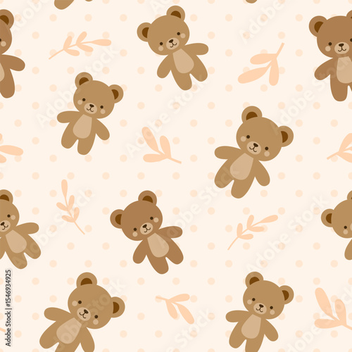 Cute hand-drawn brown and beige teddy bear on a pastel peach neutral background with polka dot texture and leaves. Forest seamless pattern.