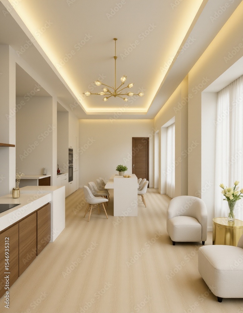 Fototapeta premium Modern Open-Concept Apartment Interior with Neutral Decor and Elegant Lighting