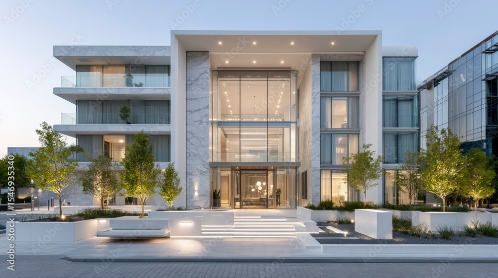 Fototapeta premium Modern apartment facade with clean lines, bathed in natural light, set in a minimalist urban environment