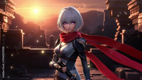 Female warrior in armor with a red scarf at sunset in ruins  