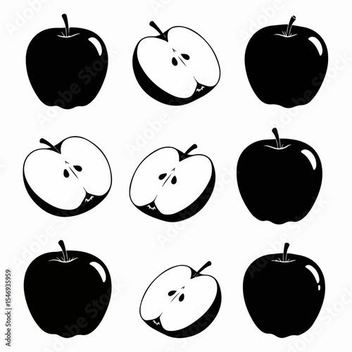 Apple silhouette set, black and white fruit