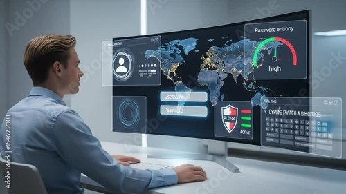 Professional Man Analyzing Global Data Visualizations on High-Tech Monitor in Modern Office