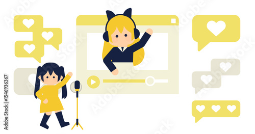 Vtuber活動中の女の子とライブ配信のイラスト