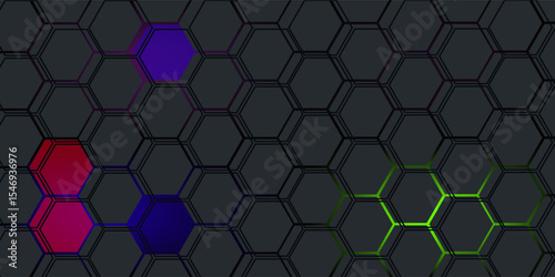 Dark hexagon abstract technology background with blue and pink colored bright flashes under hexagon. Hexagonal gaming vector abstract tech background.
