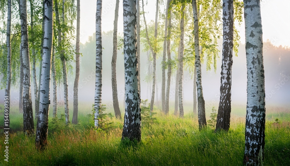 Fototapeta premium misty summer morning in a birch forest gentle fog among white trunks and fresh green leaves creates a calm atmospheric and natural scene perfect for wellness and nature themes
