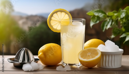 fresh squeezed lemonade with a lemon lemon squeezer ice and sugar ready to drink