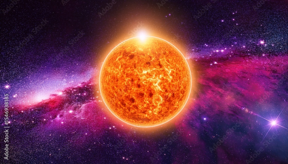 Obraz premium bright orange sun glowing in the cosmos surrounded by vibrant red and purple nebula illustrating the beauty of celestial bodies and the vastness of space