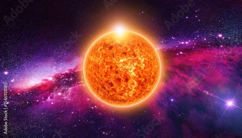 bright orange sun glowing in the cosmos surrounded by vibrant red and purple nebula illustrating the beauty of celestial bodies and the vastness of space