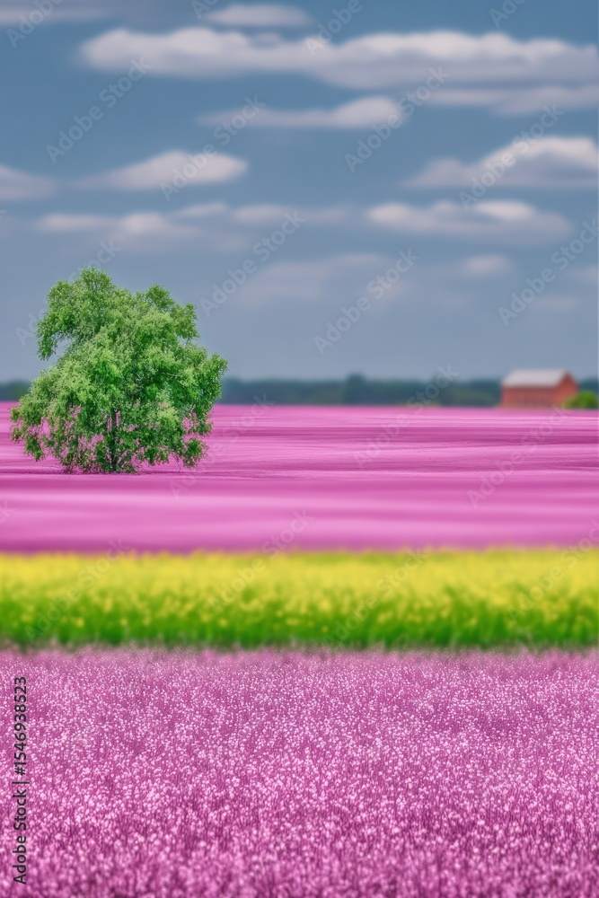 Obraz premium Vibrant Pink and Yellow Flower Field with Green Tree under Blue Sky