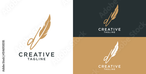 golden feather signature logo design. Minimalist feather initial d logo template