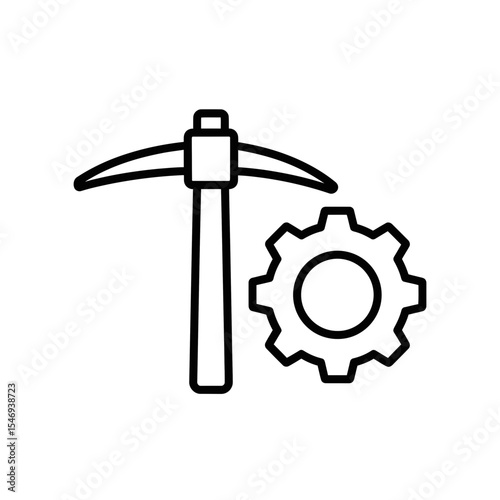 Blockchain technology mining tools icon with gear and pickaxe