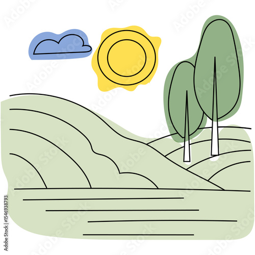 Green summer hills. Countryside landscape illustration. Nature scenery Vector. Sunny outdoor view.