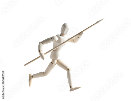 A wooden mannequin in a dynamic pose, running forward with a spear held ready for action against a stark white background.