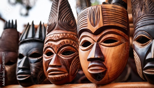 close up of handcrafted african tribal masks