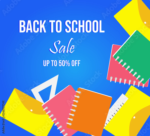 Back to school sale banner with school supplies and the inscription - "Back to school. Sale. Up to 50% off"