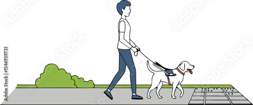 Man with a Guide Dog Walking on Tactile Pavement Illustration