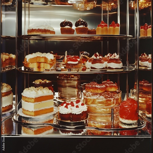 Wide shot of a dessert cart with New York cheesecake, Portuguese pastis de nata, and French clairs, 