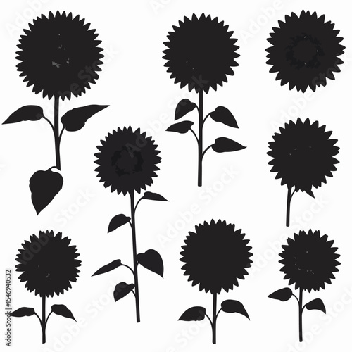Sunflower silhouette set, natural stems and leaves