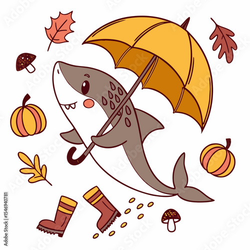 Cute SVG of a Shy Shark in Autumn Leaves colors, featuring under an umbrella in a Autumn setting