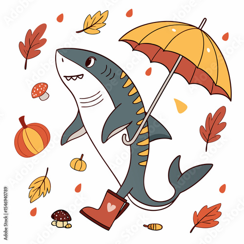 Cute SVG of a Shy Shark in Autumn Leaves colors, featuring under an umbrella in a Autumn setting