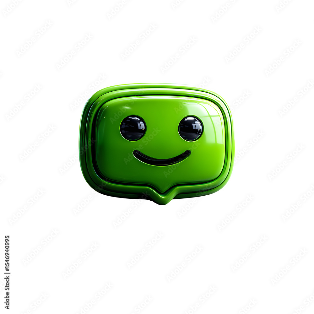 Fototapeta premium Text message bubble with emoji inside, slightly curved with bright green tone and digital screen highlight reflection