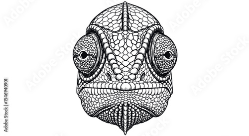 Intricate Black and White Illustration of a Chameleon's Face with Unique Patterns and Features