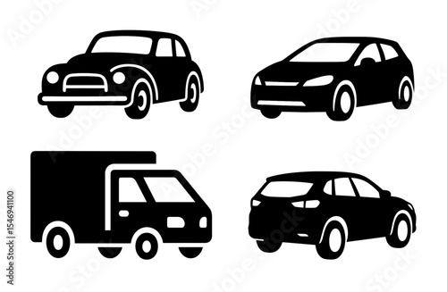 Passenger and Commercial Cars Side View Silhouette Editable Icons set. Vector for web and app. Vehicles: vintage car, hatchback, truck, SUV, transport collection icons and more