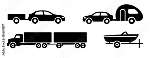 Trailers and Transport Side View Silhouette Editable Icons set. Vector for web and app. Vehicles with trailers, camper, boat trailer, cargo truck, transport collection icons and more
