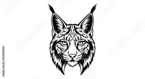 Monochrome Graphic Lynx Head Drawing with Distinct Features and Pointed Ears on White Background