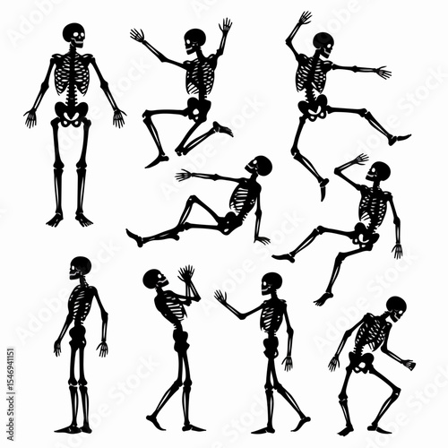 Skeletons in various poses against white background