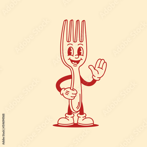 Cartoon Fork Character Smiling and Waving with Friendly Gesture in Vintage Red Design