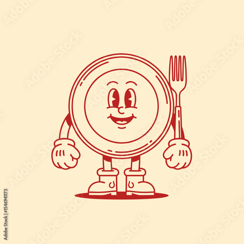Cartoon Character of a Smiling Plate Holding a Fork in a Playful Kitchen Illustration