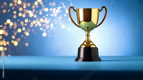 Elegant golden award trophy on a shiny blue surface with blurred lights in the background, symbolizing success.