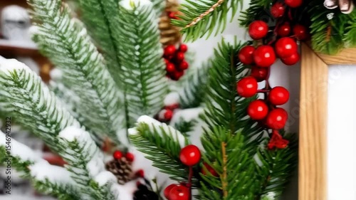 Festive winter holiday frame with evergreen branches, pine cones and red berries against a white backdrop for seasonal greetings