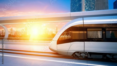 Sleek white modern train speeds along tracks in futuristic city with tall buildings reflecting golden sunset, travel and transportation concept