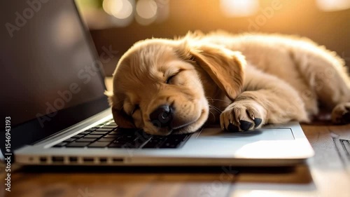 Adorable golden retriever puppy sleeping peacefully on a silver laptop computer keyboard under warm sunlight indoor