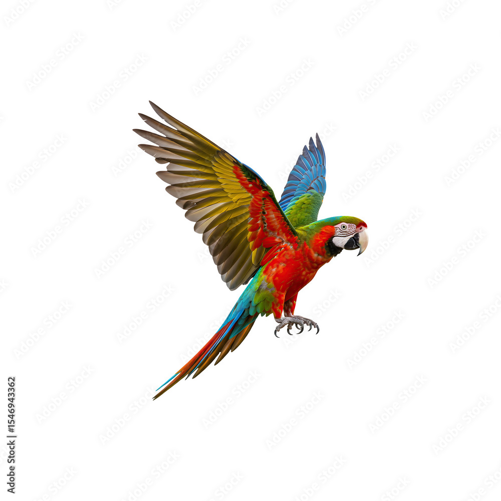Fototapeta premium Colorful parrot in mid-flight representing tropical bird life and freedom