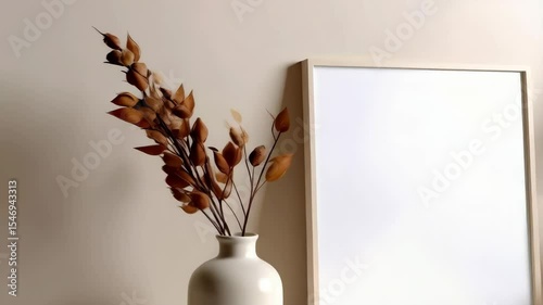 Elegant composition featuring a blank frame and assorted vases with dried botanical stems on a neutral background.