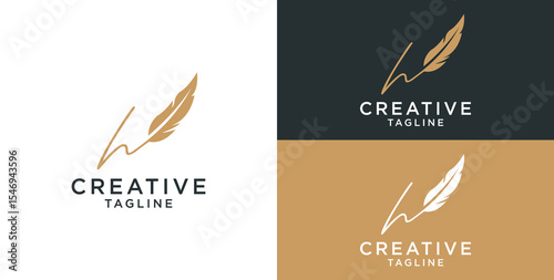 golden feather signature logo design. Minimalist feather h initial logo template