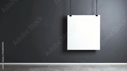 Blank white square poster hangs from a black wall, secured by clips, against a dark gray backdrop and light gray tiled floor.