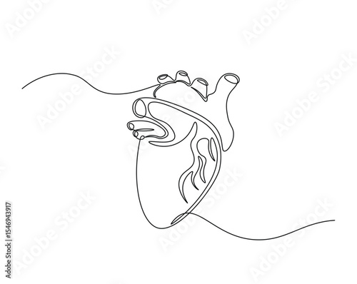 Human heart organ outline drawing illustration. one continuous line drawing of heart.
